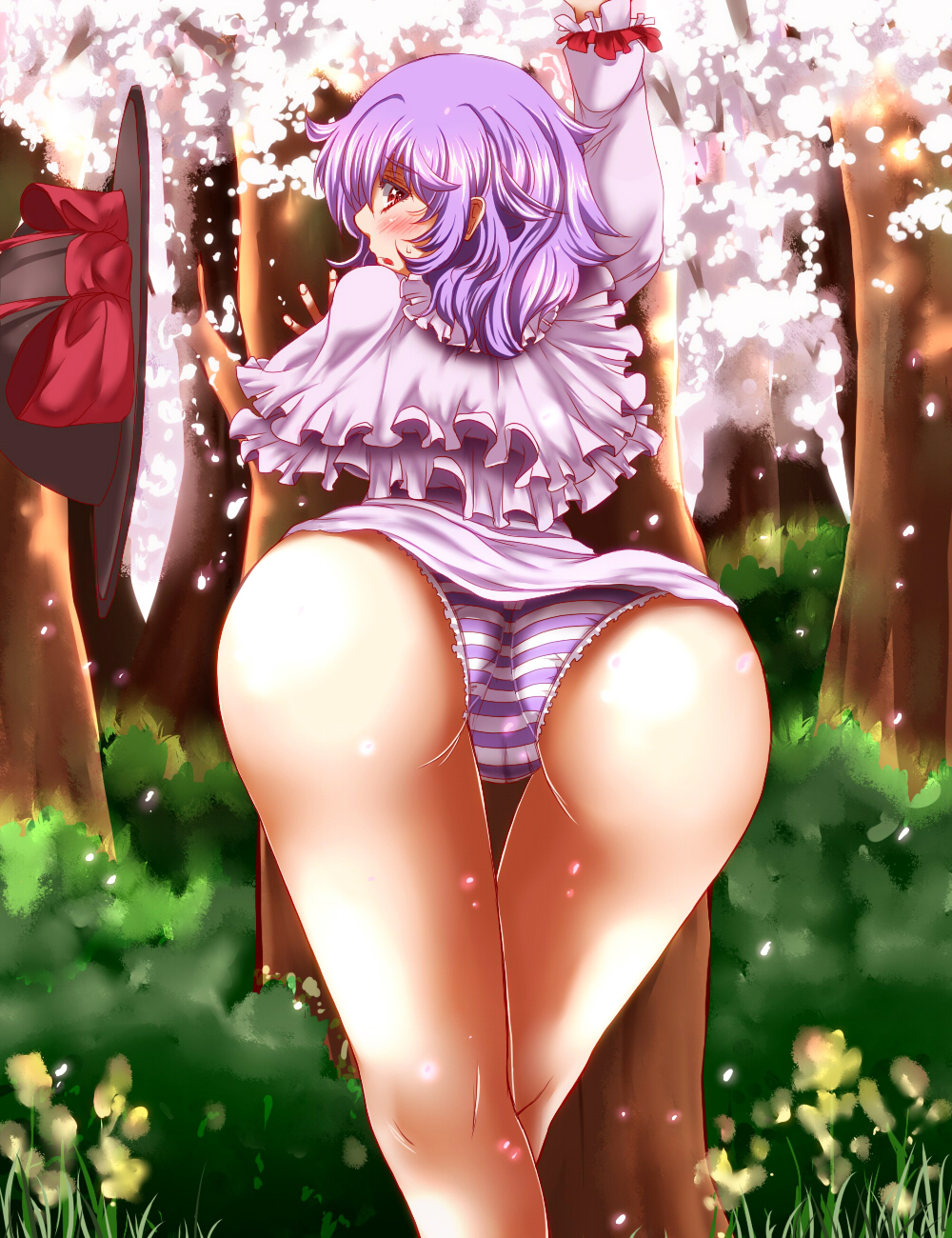 against_tree ass blush bush cameltoe crossed_legs forest grass hat highres long_sleeves looking_at_viewer looking_back nagae_iku nature open_mouth panties purple_hair red_eyes short_hair solo standing striped striped_panties sweatdrop thigh_gap touhou tree underwear zan_(harukahime)