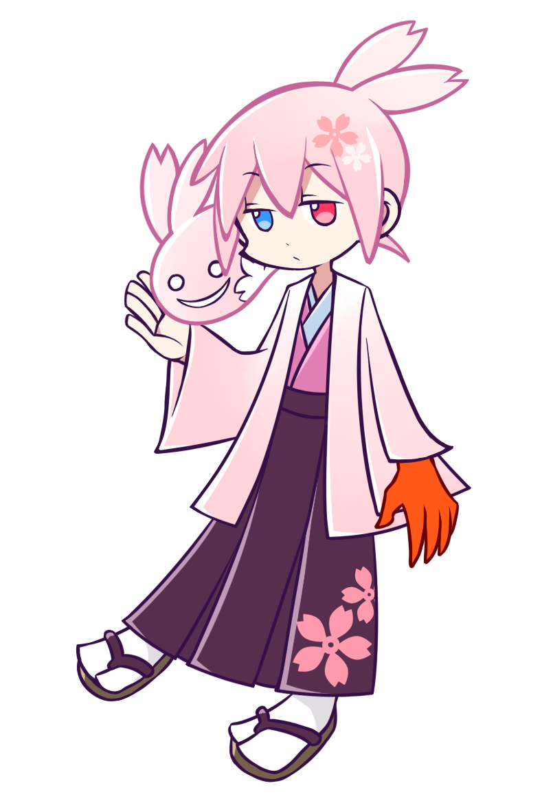 ahoge alternate_hair_color bad_id bad_pixiv_id blue_eyes expressionless fujino_makiko full_body ghost heterochromia japanese_clothes jitome kimono male_focus official_style pink_hair puyopuyo puyopuyo_fever red_eyes sandals sig_(puyopuyo) socks solo transparent_background