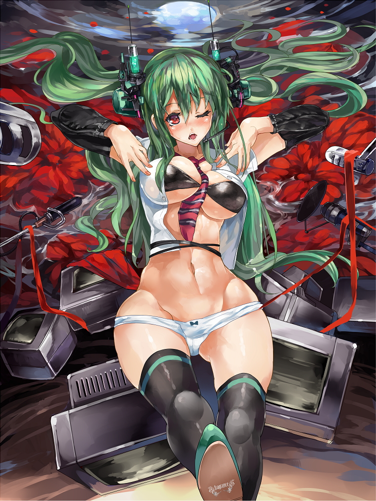 between_breasts black_bra black_legwear blush boots bra breasts crt detached_sleeves flower green_hair hatsune_miku headgear himuro_(dobu_no_hotori) large_breasts long_hair lying microphone necktie one_eye_closed open_clothes open_mouth open_shirt panties petals red_eyes shirt solo striped striped_neckwear television thigh_boots thighhighs twintails underwear vocaloid white_panties