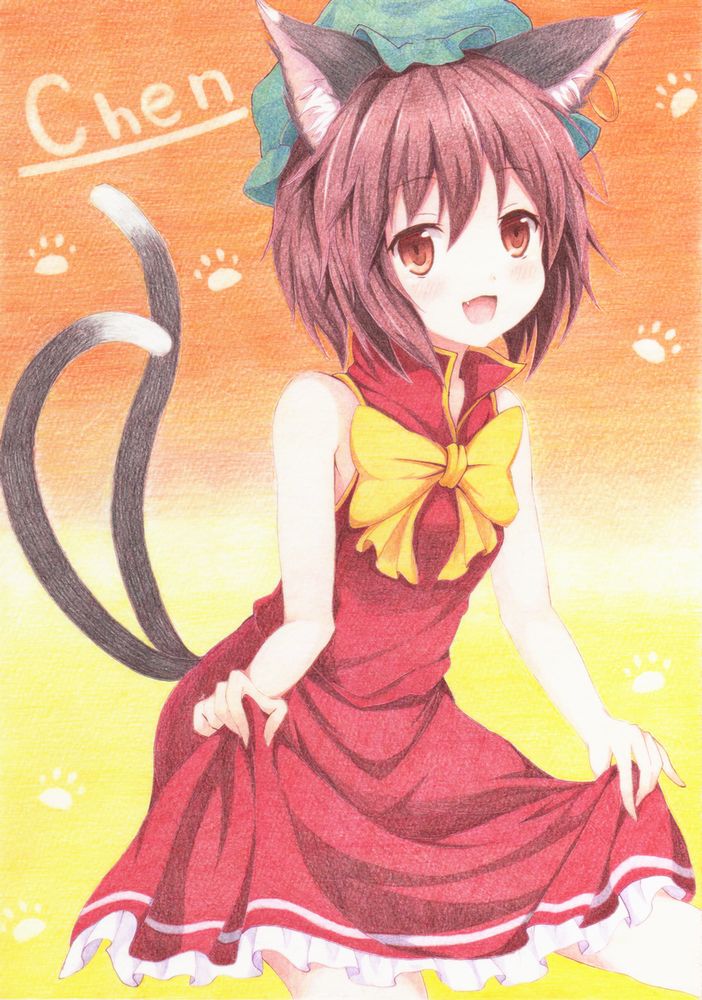animal_ears bare_arms bow brown_hair cat_ears cat_tail character_name chen fang gradient gradient_background graphite_(medium) hat high_collar jewelry kittona looking_at_viewer millipen_(medium) mob_cap multiple_tails open_mouth paw_print red_eyes shirt short_hair single_earring skirt skirt_hold skirt_set sleeveless sleeveless_shirt solo tail touhou traditional_media watercolor_pencil_(medium)