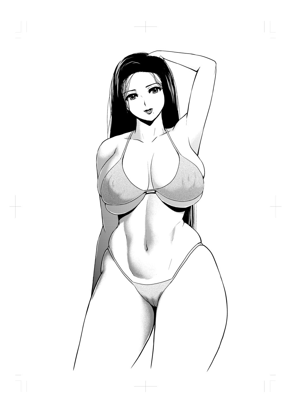 1girl 774ex bikini black_hair breasts large_breasts long_hair milf milf\r\n mole monochrome original simple_background solo swimsuit