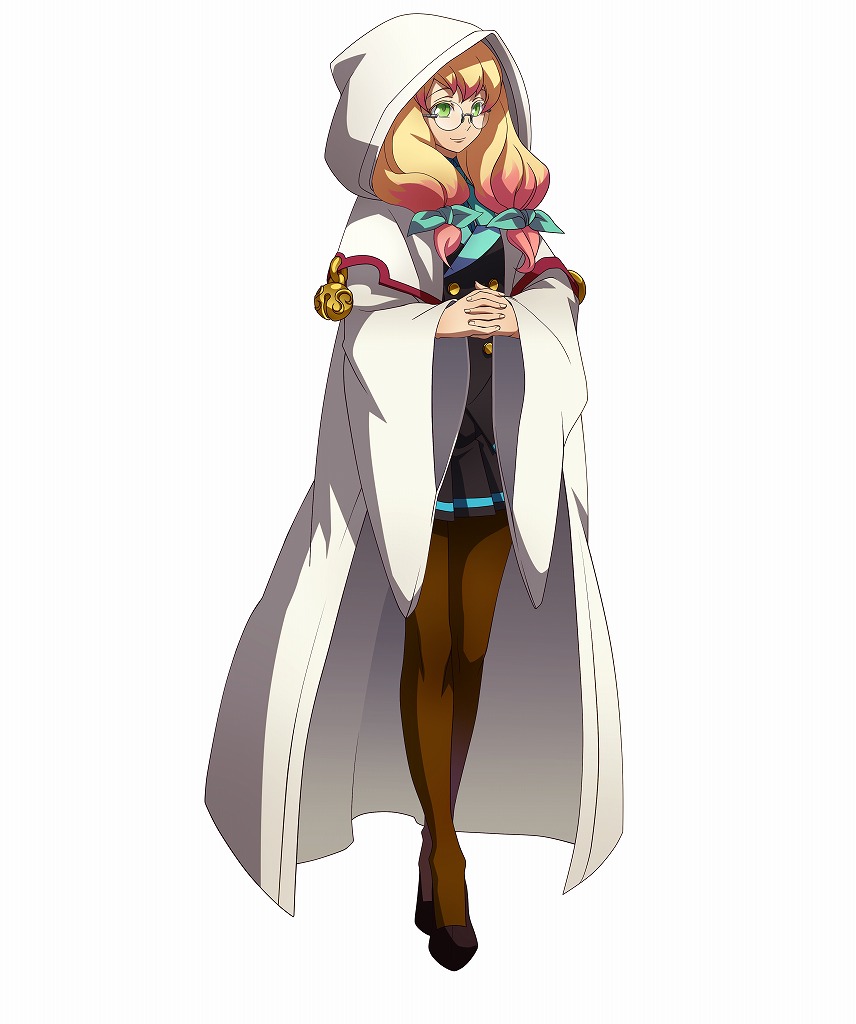 blazblue blazblue:_chronophantasma blazblue_phase_0 blonde_hair cloak crossed_legs fingers_together glasses green_eyes hair_ribbon hood long_hair official_art pantyhose pleated_skirt ribbon round_eyewear skirt smile standing trinity_glassfield twintails