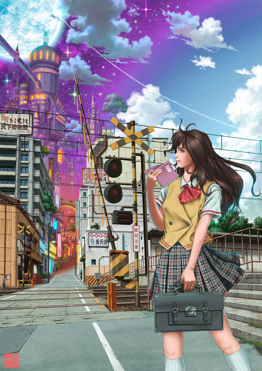 bag book brown_eyes brown_hair city cloud condensation_trail day fantasy full_moon highres holding holding_book isobe_yasuhisa light_smile long_hair looking_away moon original perspective plaid plaid_skirt pleated_skirt profile railing railroad_crossing railroad_tracks road scenery school_bag school_briefcase school_uniform skirt sky solo stairs star_(sky) starry_sky street tower train_station tree wind