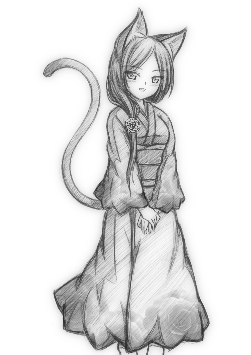 animal_ears cat_ears cat_tail flower greyscale hair_flower hair_ornament hands_together haruakira_rika highres japanese_clothes kimono long_hair looking_at_viewer minaha_(playjoe2005) monochrome original simple_background sketch smile tail traditional_media white_background
