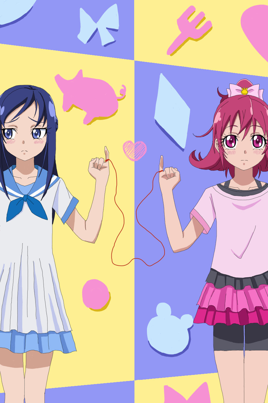 agetake aida_mana bad_id bad_pixiv_id blue_hair blue_sailor_collar blush couple dokidoki!_precure fork half_updo heart highres hishikawa_rikka long_hair looking_away multiple_girls pig pink_hair pinky_out precure red_string sailor_collar short_hair string yuri