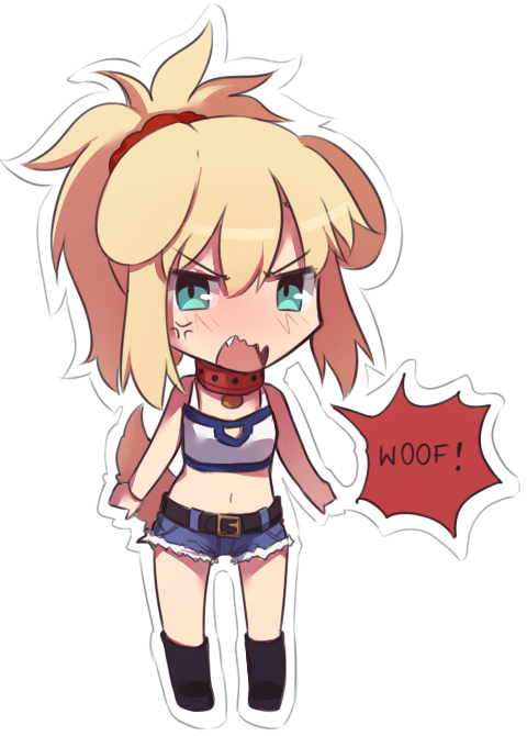 anger_vein animal_ears barking blonde_hair blush chibi collar denim denim_shorts dog_collar dog_ears dog_tail fang fate/apocrypha fate_(series) full-face_blush green_eyes kemonomimi_mode long_hair midriff mordred_(fate) mordred_(fate)_(all) navel ponytail red_scrunchie scrunchie shorts solo tail tusia wavy_mouth