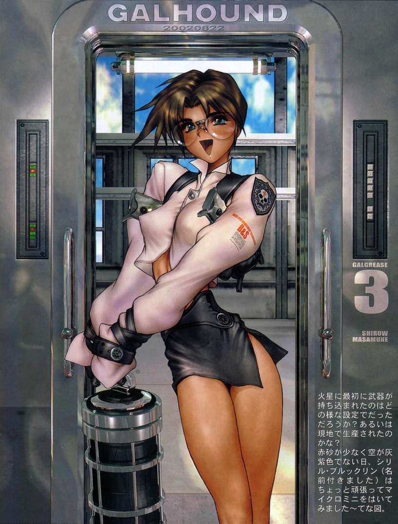 blue_eyes breasts brown_hair cyril_brooklyn fingerless_gloves galgrease galhound glasses gloves looking_at_viewer medium_breasts open_mouth shirou_masamune short_hair skirt smile solo translation_request