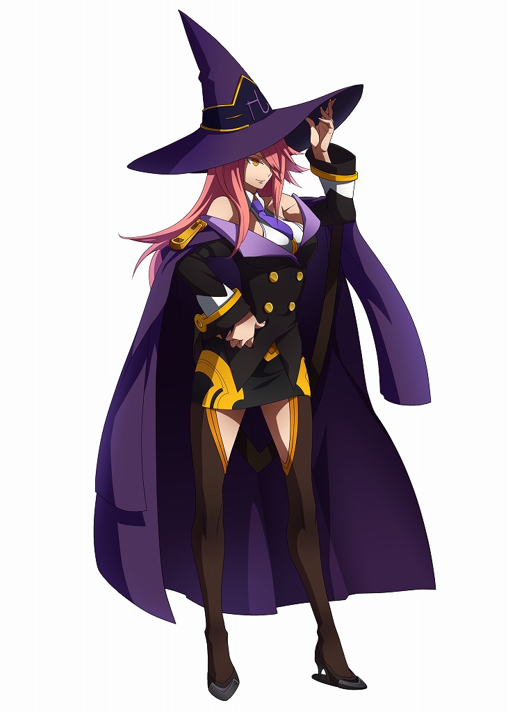 bare_shoulders blazblue blazblue:_chronophantasma blazblue_phase_0 boots breasts cloak full_body hair_over_one_eye hand_on_hip hat high_heels konoe_a_mercury large_breasts long_hair necktie official_art pink_hair shoes skirt solo thigh_boots thighhighs white_background witch_hat yellow_eyes