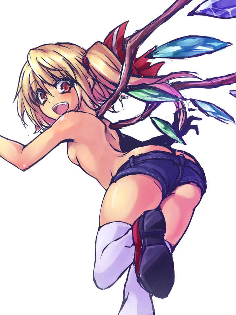 :d alternate_costume ass blonde_hair blush breasts denim denim_shorts fang flandre_scarlet hair_ribbon long_hair looking_at_viewer looking_back open_mouth oukawa_yuu red_eyes ribbon shoes short_shorts shorts side_ponytail simple_background sketch small_breasts smile solo thighhighs topless touhou white_background white_legwear wings