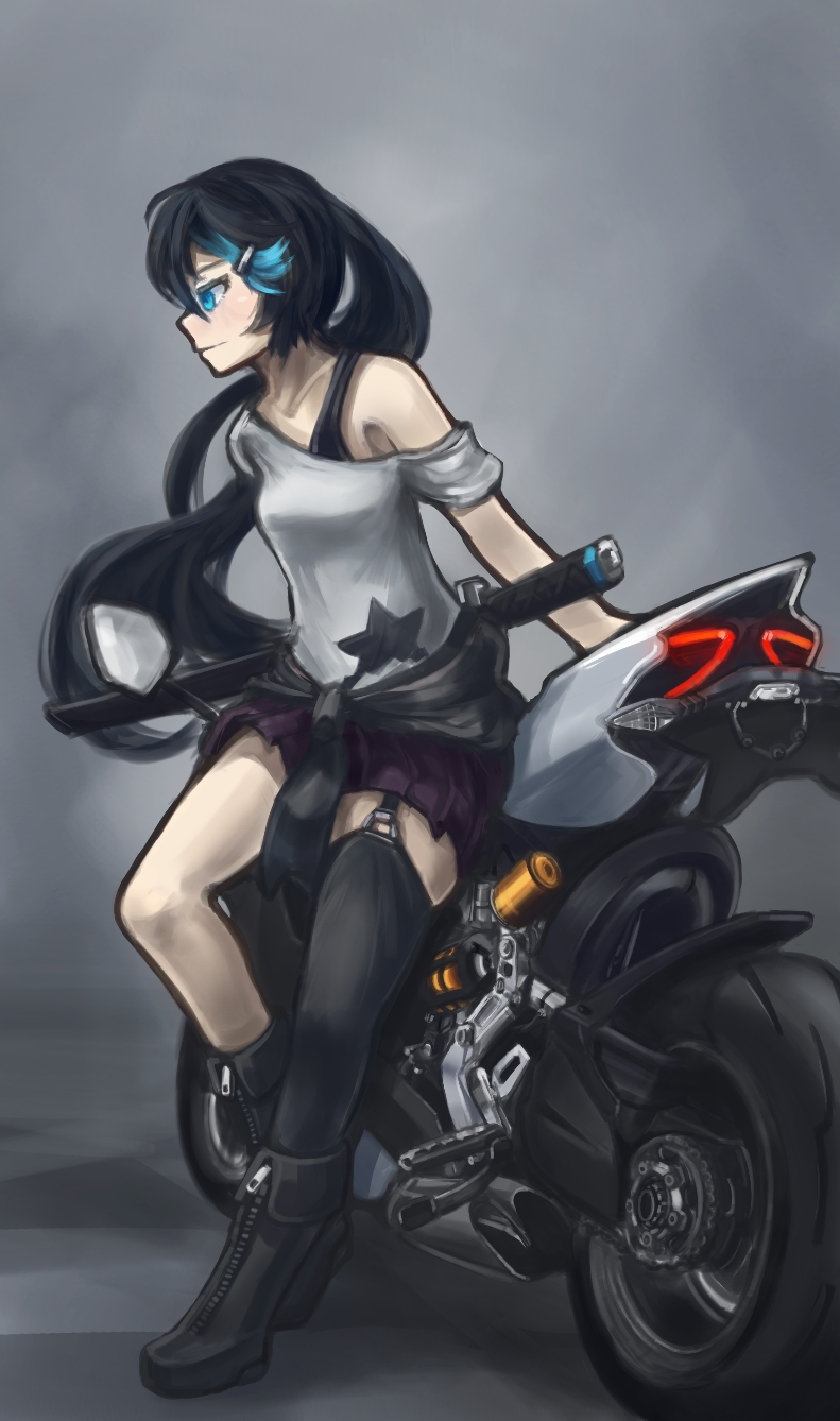 arceonn black_hair black_rock_shooter black_rock_shooter_(character) blue_eyes blue_hair boots breasts casual clothes_around_waist ducati garter_straps ground_vehicle hair_ornament hairclip highres katana long_hair miniskirt motor_vehicle motorcycle multicolored_hair off_shoulder sheath sheathed single_thighhigh skirt small_breasts solo streaked_hair sweater sweater_around_waist sword thighhighs twintails two-tone_hair uneven_twintails weapon zipper