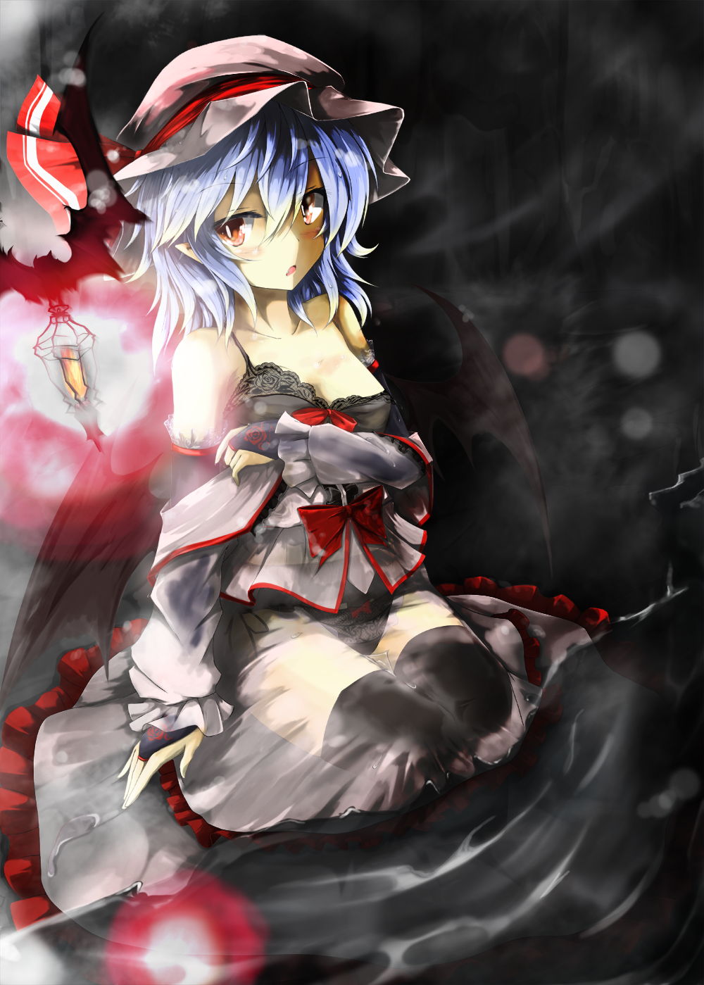 akisome_hatsuka bare_shoulders bat bat_wings black_bra black_legwear black_panties blue_hair bow bra bridal_gauntlets brown_hair collarbone darkness floral_print hat hat_ribbon highres lace lace-trimmed_bra lantern long_sleeves looking_at_viewer mob_cap open_mouth panties pointy_ears remilia_scarlet ribbon see-through shirt shirt_pull silver_hair sitting skirt solo thighhighs touhou underwear wet wet_clothes wet_skirt wings