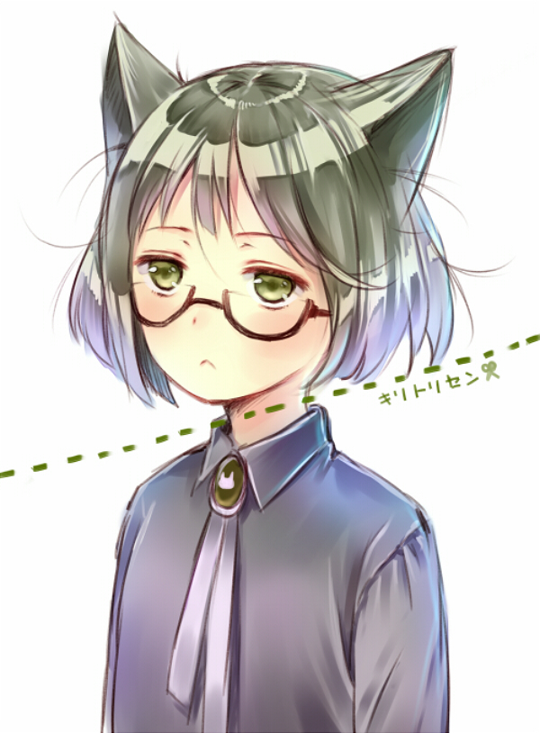 :&lt; animal_ears bad_id bad_pixiv_id blush cat_ears dotted_line glasses green_eyes green_hair hanekoto original short_hair simple_background solo white_background