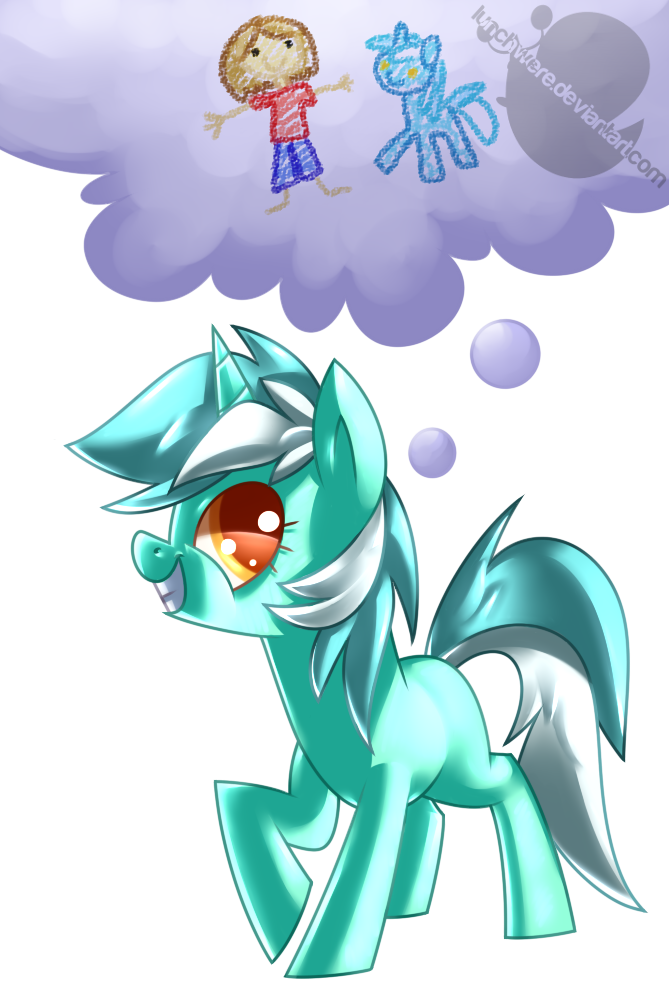 amber_eyes clothing english_text equine female feral friendship_is_magic fur hair horn horse human looking_back lunchwere lyra_(mlp) lyra_heartstrings_(mlp) mammal my_little_pony open_mouth pants plain_background pony shirt smile solo teeth text thought_bubble transparent_background two_tone_hair unicorn watermark yellow_eyes