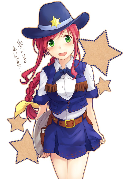 amitie_florian badge belt blush braid cowboy_hat cowboy_shot fringe_trim green_eyes gun hair_ribbon hat holding holster long_hair looking_at_viewer lyrical_nanoha mahou_shoujo_lyrical_nanoha mahou_shoujo_lyrical_nanoha_a's mahou_shoujo_lyrical_nanoha_a's_portable:_the_gears_of_destiny miniskirt open_mouth plate pleated_skirt red_hair ribbon shirt single_braid skirt smile solo standing star takana vest weapon western white_shirt