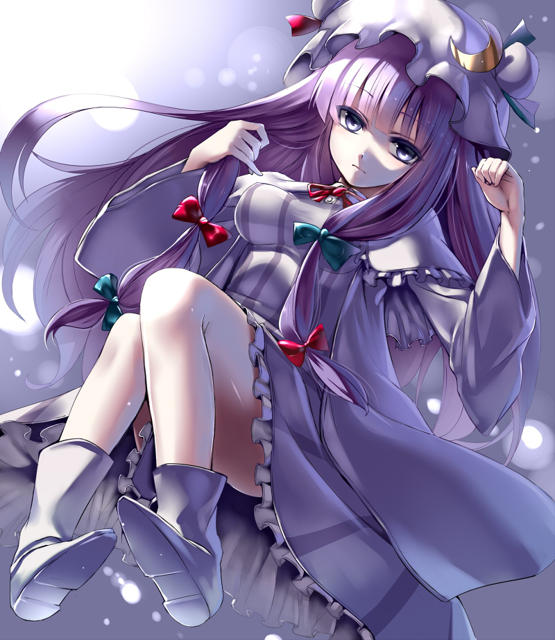 bad_id bad_pixiv_id bare_legs boots bow breasts crescent dress hair_bow hat long_hair long_sleeves looking_at_viewer medium_breasts patchouli_knowledge purple_eyes purple_hair solo takemori_shintarou touhou