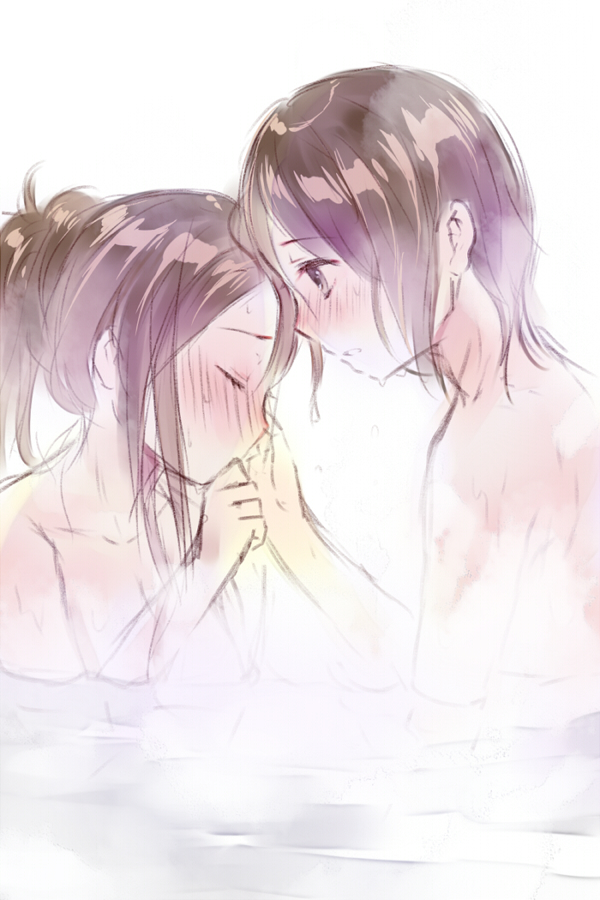 bad_id bad_pixiv_id bathing blush brown_hair closed_eyes hand_on_another's_face hanekoto multiple_girls nude original short_hair simple_background white_background yuri