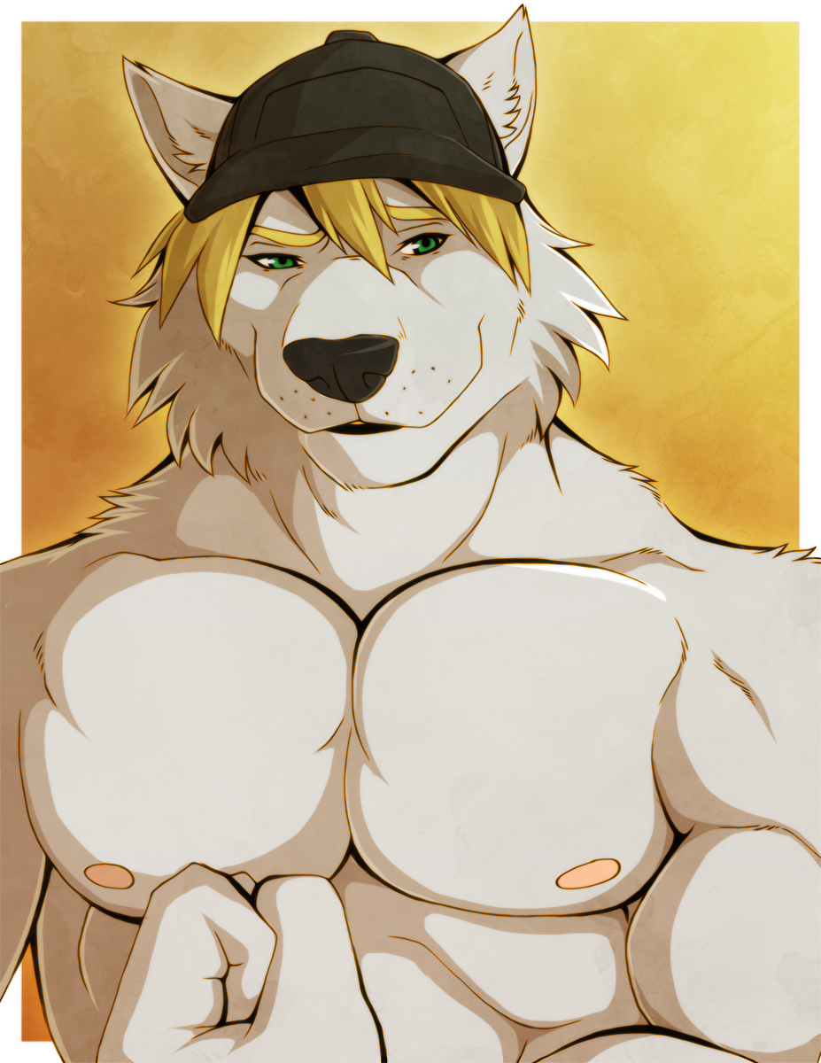 abs aluminemsiren anthro biceps big_muscles black_nose blonde_hair canine chest flexing front_view fur green_eyes grey_fur grin hair hat looking_at_viewer male mammal muscles nipples paws pecs plain_background portrait pose smile solo teeth toned topless white_fur wolf yellow_background