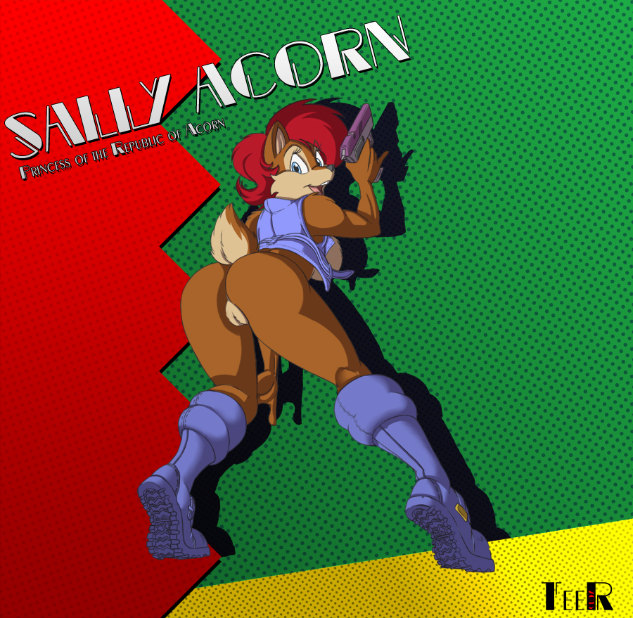 boots breasts butt chipmunk female gun invalid_tag looking_back mammal open_mouth pistol pussy raised_tail ranged_weapon rodent sally_acorn sega side_boob sonic_(series) teer vest weapon