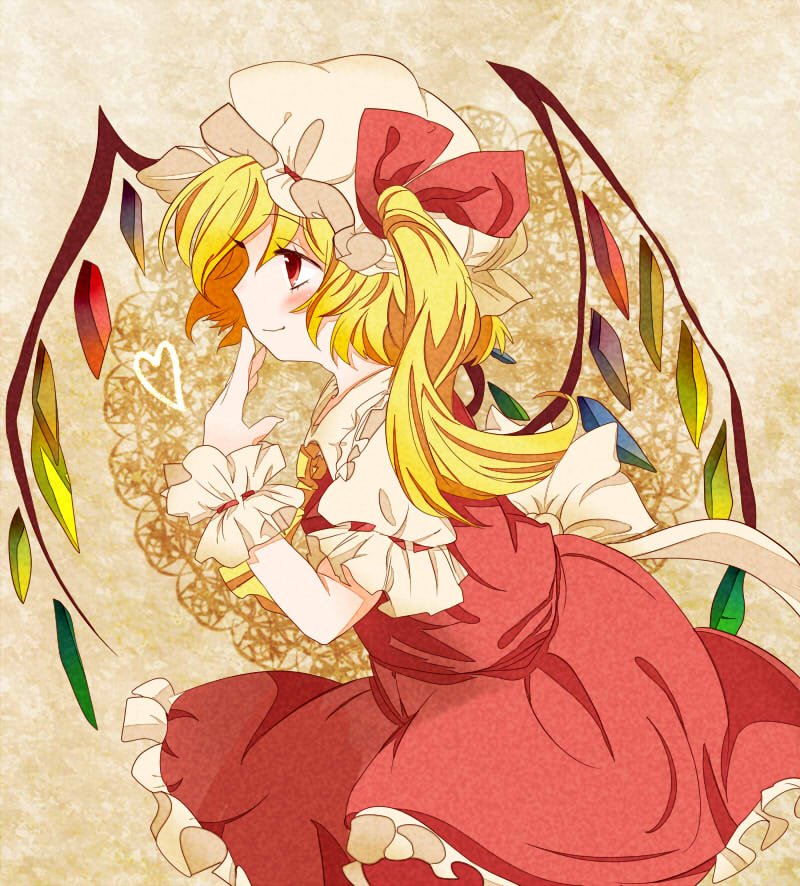ascot blonde_hair blush bow finger_to_mouth flandre_scarlet hat hat_bow heart profile red_eyes short_hair side_ponytail skirt skirt_set smile solo touhou wings wrist_cuffs