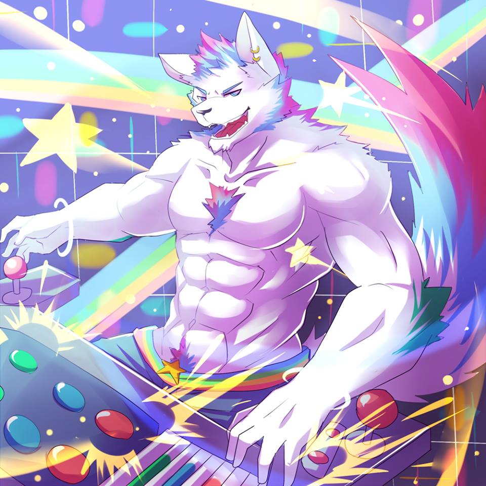 belt biceps big_muscles black_nose blue_eyes blue_hair canine chest chest_tuft clothing ear_piercing fangs fur grin hair looking_at_viewer male mammal muscles open_mouth pants pecs piercing pose purple_hair smile solo source_request teeth toned tongue topless tuft unknown_artist white_fur