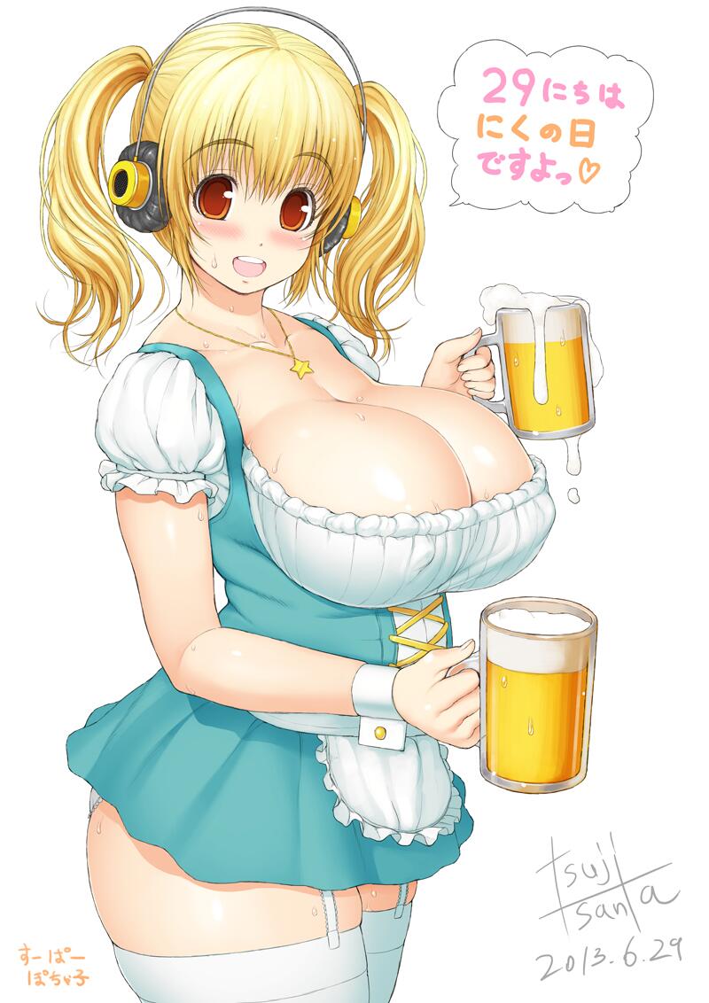 alcohol apron beer beer_mug blonde_hair blush breasts cleavage corset covered_nipples cowboy_shot cross-laced_clothes cup dated dirndl dress drink dual_wielding frills from_side garter_straps german_clothes headphones heart holding holding_cup huge_breasts jewelry jpeg_artifacts lace lace-trimmed_panties looking_at_viewer mug necklace nitroplus official_art open_mouth orange_eyes panties pleated_dress plump short_dress short_hair short_sleeves short_twintails signature simple_background smile solo speech_bubble spoken_heart standing star star_necklace super_pochaco sweat thick_thighs thighhighs thighs translation_request tsuji_santa twintails underbust underwear waist_apron waitress white_background white_legwear white_panties wrist_cuffs