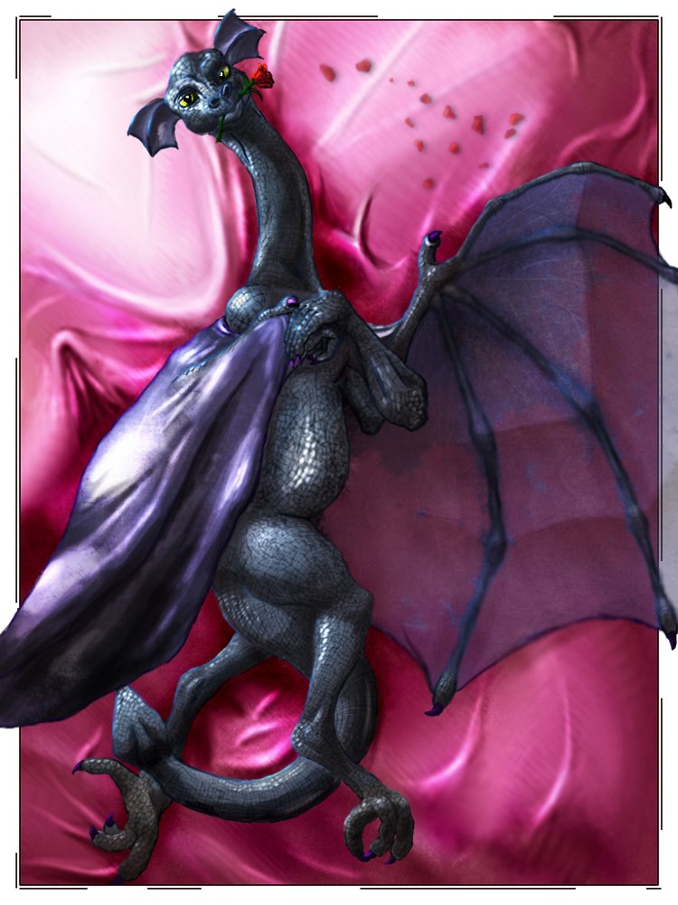 bed blue_scales claws detailed_background digitigrade dragon felixspeagel fins flower framed looking_at_viewer reptile_eyes romantic rose slit_eyes slit_pupils spaded_tail spread_wings wings yellow_eyes