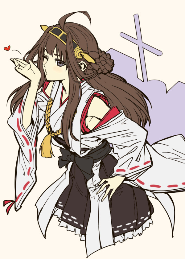 ahoge black_eyes blown_kiss blush braid breasts brown_hair detached_sleeves flat_color hair_ornament hand_on_hip heart japanese_clothes kantai_collection kongou_(kantai_collection) long_hair medium_breasts no_legs one_eye_closed shiba_itsuki smile solo