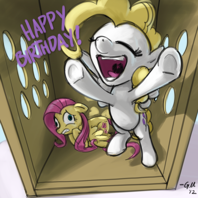 blonde_hair box cutie_mark duo equine fear female feral fluttershy_(mlp) friendship_is_magic fur giantmosquito green_eyes hair holes horse lying mammal my_little_pony pegasus pink_hair pony solo surprise_(mlp) white_fur wings yellow_fur