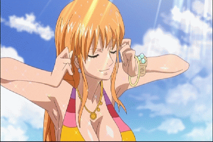 animated animated_gif bikini breasts eyes_closed huge_breasts long_hair lowres nami nami_(one_piece) one_piece one_piece_film_z smile stretch stretching swimsuit