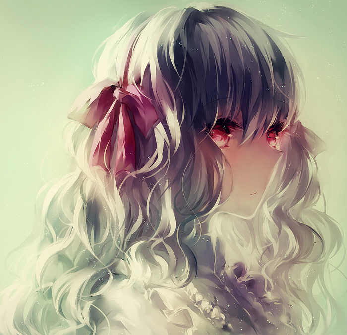 bangs closed_mouth eyelashes frills from_side green_background hair_ribbon kagerou_project kozakura_marry leclle light_particles long_hair pink_ribbon portrait red_eyes ribbon silver_hair solo wavy_hair