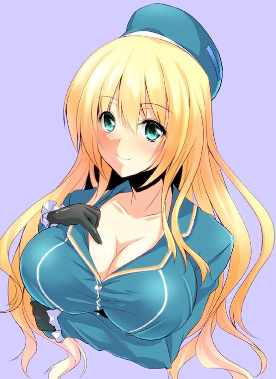 aqua_eyes atago_(kantai_collection) beret black_gloves blonde_hair blue_hat blush breast_hold breasts cleavage crossed_arms gloves hand_on_own_chest hat kantai_collection kirisaki_byakko large_breasts long_hair looking_at_viewer military military_uniform purple_background simple_background smile solo uniform