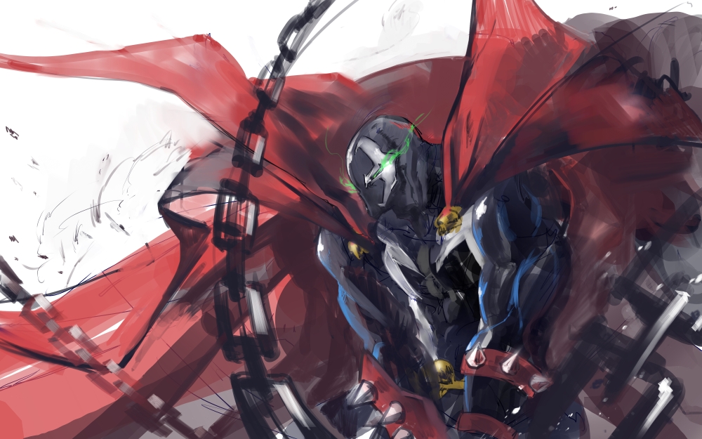 black_bodysuit bodysuit bracelet burning_eyes cape chain fire gond green_eyes green_fire image_comics jewelry male_focus motion_blur muscle red_cape simple_background sketch solo spawn spawn_(spawn) spiked_bracelet spikes upper_body white_background