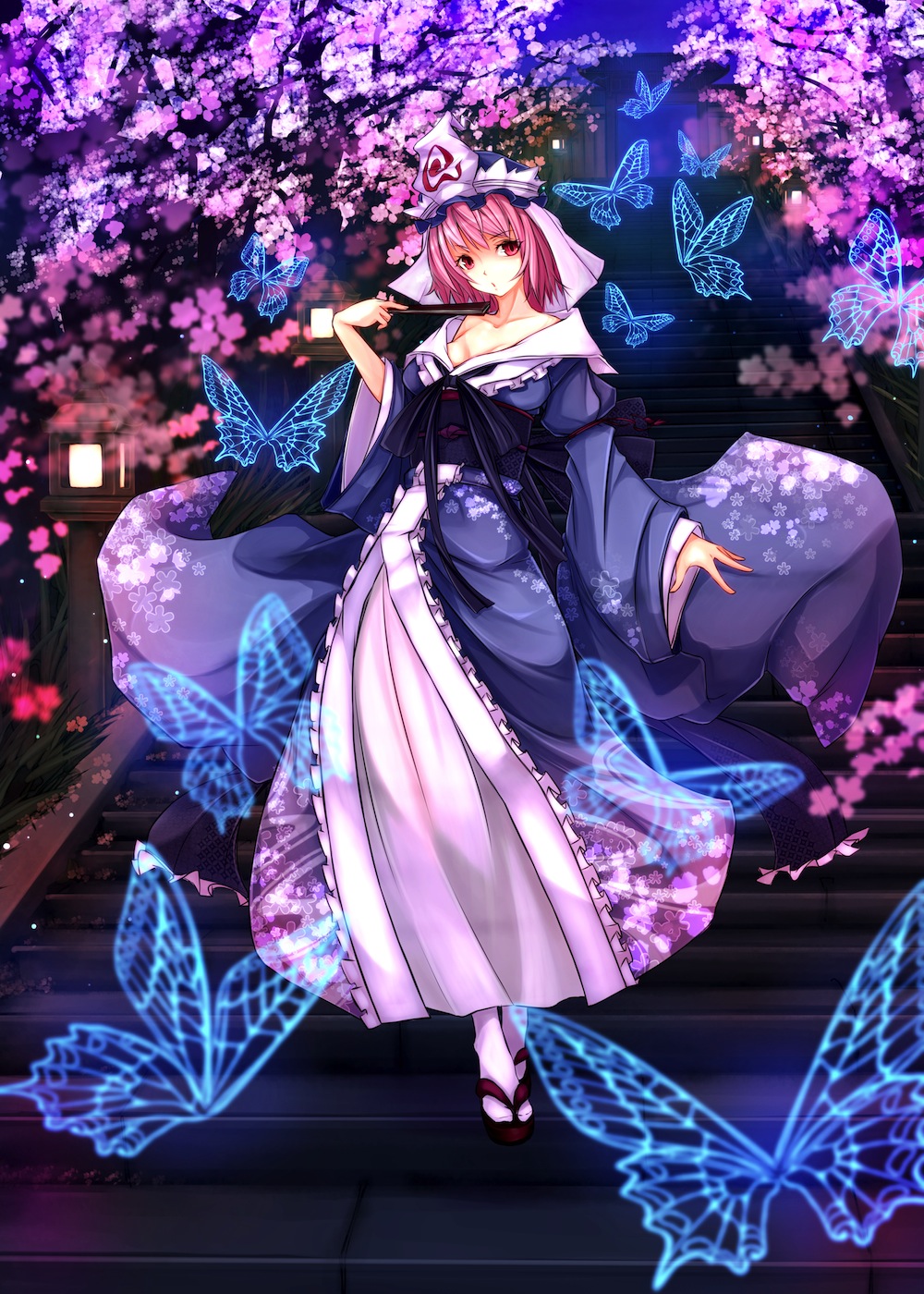 1girl blue_dress breasts bug butterfly cherry_blossoms cleavage closed_fan collarbone dress fan floral_print folding_fan gate hat highres insect long_sleeves looking_at_viewer medium_breasts obi pink_eyes pink_hair red_footwear saigyouji_yuyuko sash shoes solo stairs touhou tree triangular_headpiece veil wide_sleeves