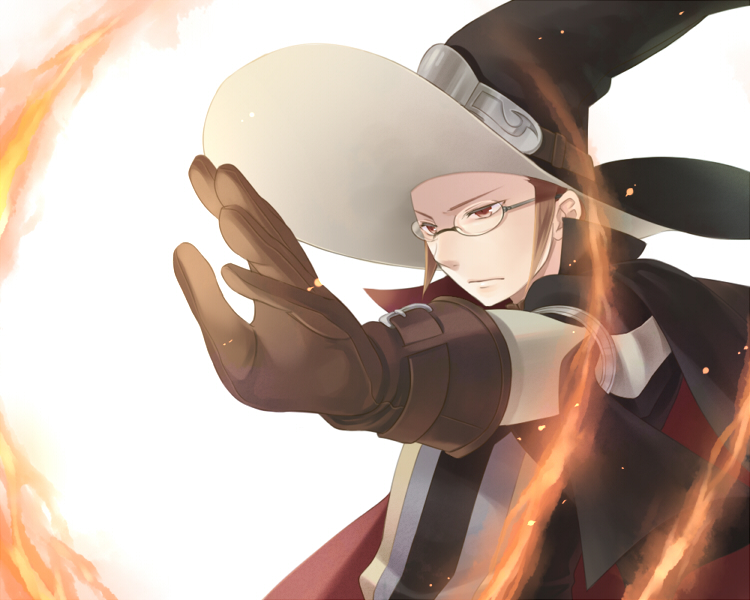 brown_eyes brown_gloves brown_hair cape casting_spell fire fire_emblem fire_emblem:_kakusei foreshortening frown glasses gloves hat kiyuu laurent mage magic male_focus outstretched_arm puffy_sleeves ring_of_fire serious simple_background solo white_background witch_hat