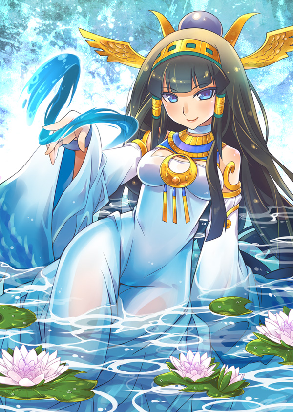 bare_shoulders black_hair blue_eyes bracelet breasts dress egyptian hair_ornament hair_tubes headdress isis_(p&amp;d) jewelry katsuma_rei lily_pad lipstick long_hair makeup medium_breasts puzzle_&amp;_dragons solo water