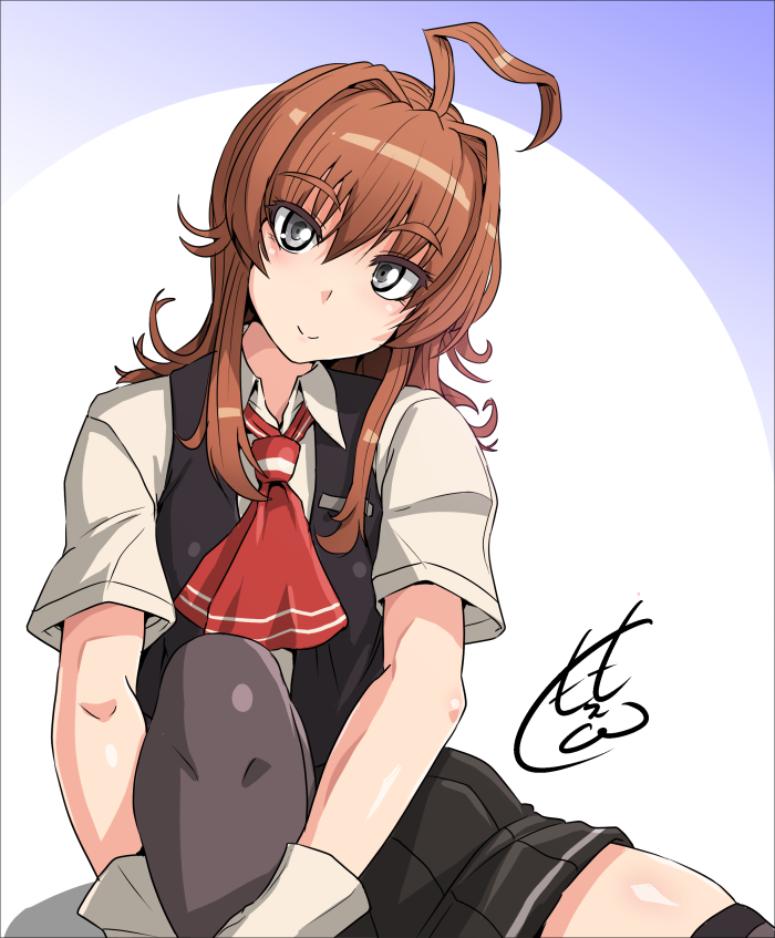 ahoge alternate_hair_color arashi_(kantai_collection) bangs black_vest blush brown_hair closed_mouth collared_shirt commentary_request disconnected_mouth dress_shirt eyebrows_visible_through_hair female gloves grey_eyes hair_intakes hands_on_own_leg head_tilt heart_ahoge highres huge_ahoge kantai_collection knee_up light_brown_hair long_hair looking_at_viewer nokishita_kumoemon own_hands_together red_neckwear shiny shiny_hair shirt short_sleeves sidelocks signature skindentation smile solo vest wing_collar