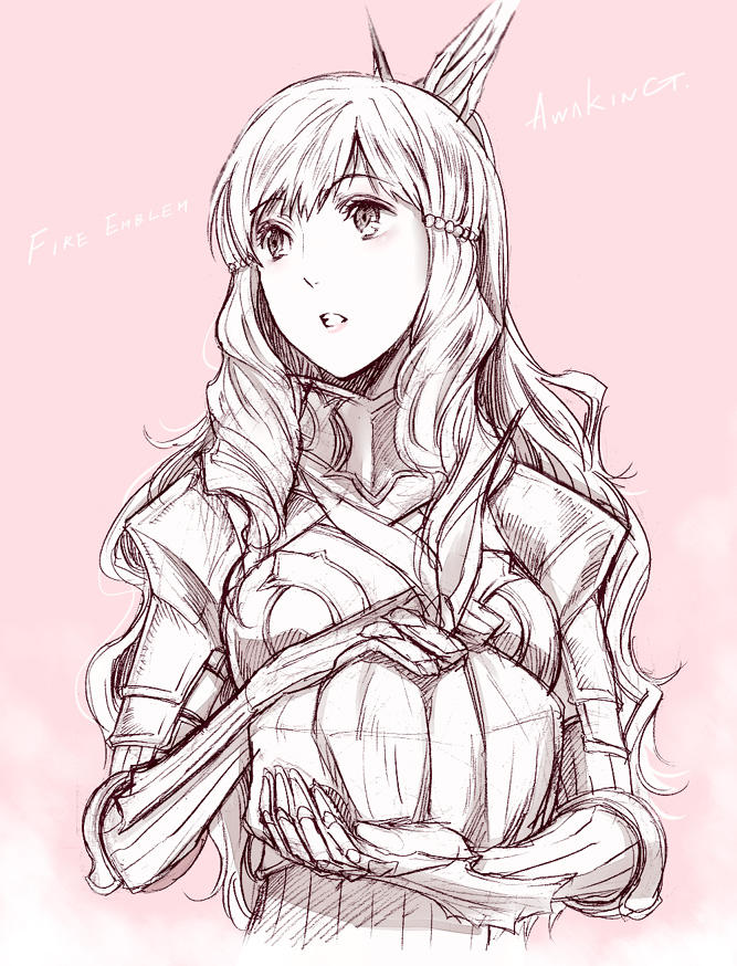 amatari_sukuzakki armor blush breastplate copyright_name elbow_gloves engrish feathers fire_emblem fire_emblem:_kakusei food gauntlets gloves hair_feathers holding lipstick long_hair looking_away lunchbox makeup monochrome pink_background pink_lipstick ranguage shoulder_armor sketch solo spaulders spot_color striped sumia wavy_hair