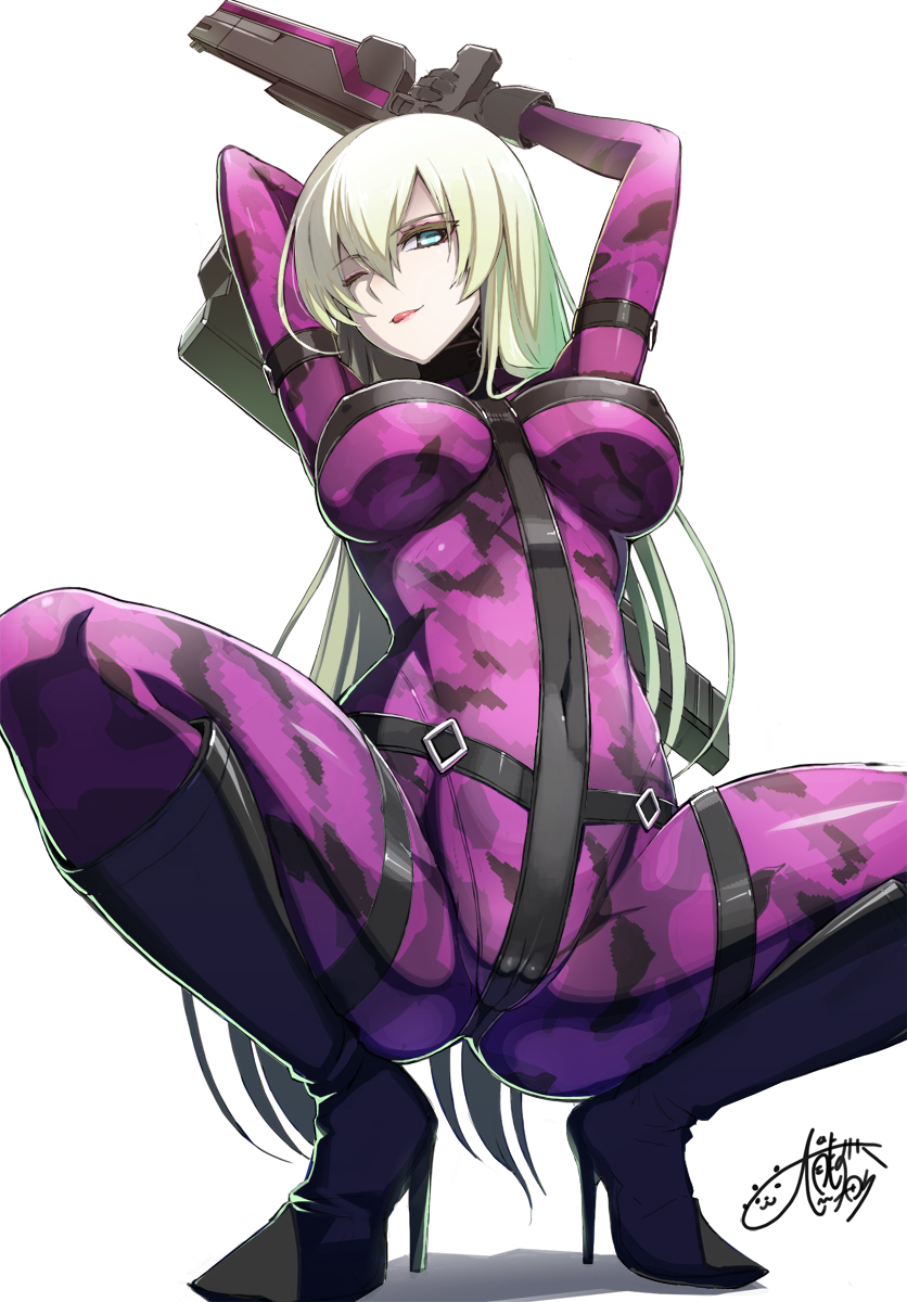 bad_id bad_pixiv_id black_footwear blonde_hair bodysuit boots cameltoe gun gunslinger_stratos high_heel_boots high_heels highres knee_boots long_hair olga_janetine one_eye_closed ookuma_(nitroplus) pink_bodysuit shoes simple_background skin_tight solo spread_legs squatting tongue tongue_out very_long_hair weapon