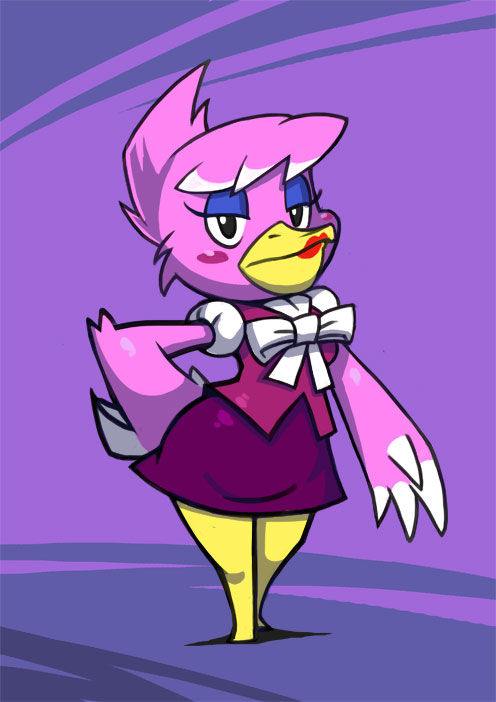 animal_crossing avian bittenhard blush bow dress female lipstick looking_at_viewer nintendo pelican phyllis_(animal_crossing) skirt solo source_request standing video_games