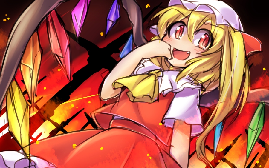 ascot blonde_hair blush cross fang fire flandre_scarlet fun_bo hat long_hair open_mouth red_eyes short_sleeves side_ponytail sketch skirt smile solo touhou wings