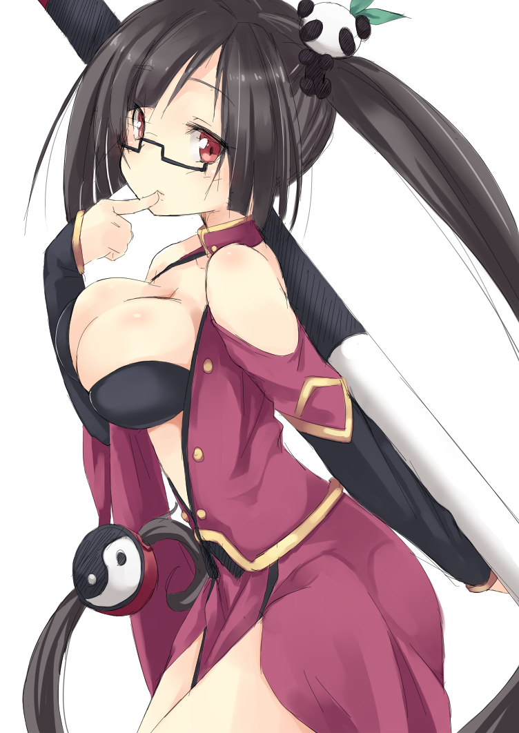 bare_shoulders black_hair blazblue blush body_blush breasts china_dress chinese_clothes cleavage cleavage_cutout dress finger_to_mouth glasses hair_ornament lao_jiu large_breasts litchi_faye_ling long_hair mokoke panda ponytail red_eyes solo staff underwear very_long_hair yin_yang