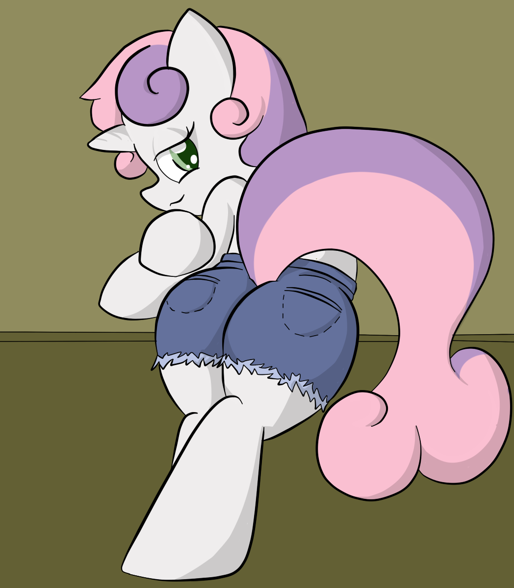 back_turned butt clothing cub cutoffs denim_shorts equine female friendship_is_magic fur green_eyes hair horn horse looking_at_viewer looking_back mammal my_little_pony pony shenhibiki shorts simple_background smile solo sweetie_belle_(mlp) two_tone_hair unicorn white_fur young