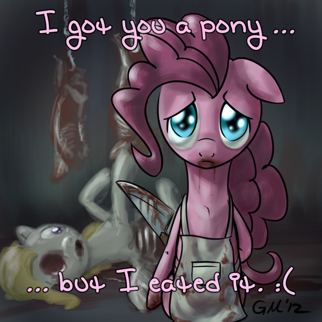 apron blonde_hair blood blue_eyes chain clothing dead english_text equine female feral friendship_is_magic fur giantmosquito gore hair horse knife looking_at_viewer lying mammal my_little_pony on_back pegasus pink_fur pink_hair pinkie_pie_(mlp) pony purple_eyes sad surprise_(mlp) text white_fur wings