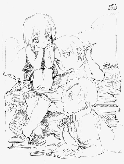 2013 2boys alphonse_elric bangs bare_arms book book_stack child edward_elric fullmetal_alchemist greyscale head_rest holding holding_pen log looking_at_another looking_down looking_up lying monochrome multiple_boys mushroom o3o on_stomach open_book pen rei_(sanbonzakura) sandals scratching_head short_hair short_sleeves shorts sitting sleeveless studying traditional_media winry_rockbell younger