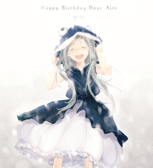 airi_(robotics;notes) black_dress character_name closed_eyes dated dress happy_birthday hooded_top long_hair open_mouth robotics;notes silver_hair smile solo standing takana