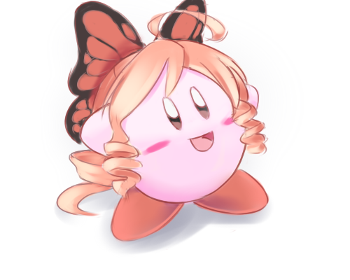 blonde_hair blue_eyes blush_stickers butterfly_hair_ornament copy_ability drill_hair fusion hair_ornament kirby kirby_(series) long_hair lowres no_humans original pink_skin sakuraba_himari sig_(sfried) smile solo twin_drills twintails