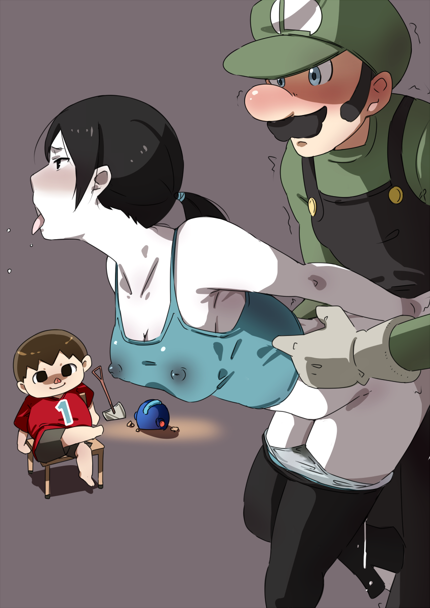 2boys black_hair blue_overalls blush breasts buried capri_pants clothed_sex commentary_request covered_nipples cum doggystyle doubutsu_no_mori fucked_silly full-face_blush green_hat green_shirt grey_eyes hat helmet hetero highres long_hair luigi mario_(series) medium_breasts midriff multiple_boys overalls pants ponytail rockman rockman_(character) sex shirt sitting spandex super_mario_bros. super_smash_bros. sweat tank_top tongue tongue_out vaginal villager_(doubutsu_no_mori) voyeurism wachiwo white_skin wii_fit wii_fit_trainer