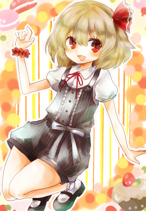 adapted_costume blonde_hair cake cookie food hair_ribbon looking_at_viewer maru_usagi open_mouth puffy_sleeves red_eyes ribbon rumia shirt short_sleeves shorts smile solo touhou vest wrist_cuffs