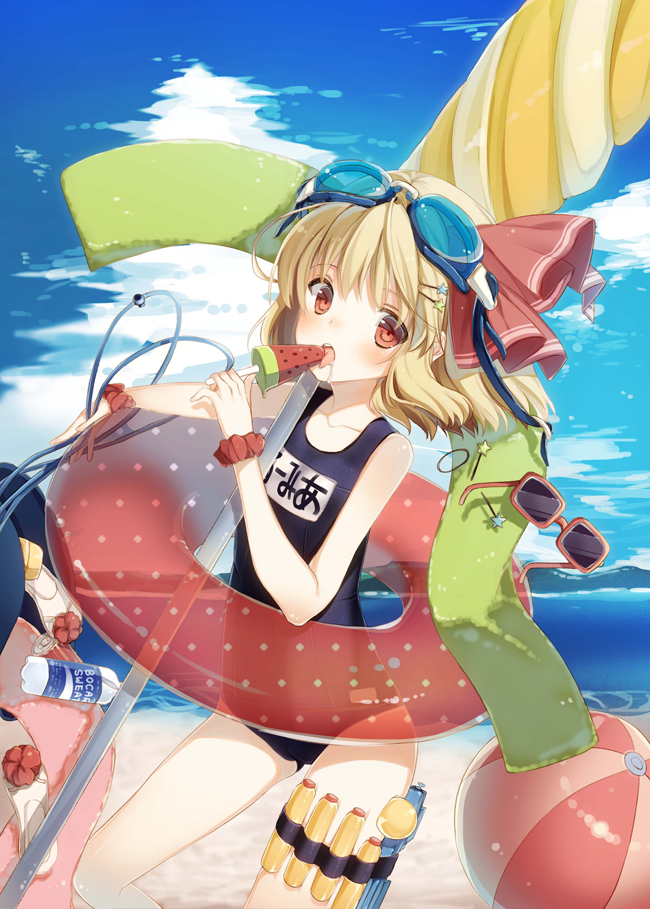 ball beach beach_umbrella beachball blonde_hair blue_sky blush bottle brand_name_imitation closed_umbrella cloud day eyewear_removed food fruit goggles goggles_on_head hat holster horizon innertube licking looking_at_viewer ocean one-piece_swimsuit open_mouth outdoors pocari_sweat popsicle red_eyes rumia school_swimsuit short_hair side_ponytail sky solo sunglasses swimsuit tareme thigh_holster touhou towel umbrella water water_bottle water_gun watermelon yamcha_(cocololi)