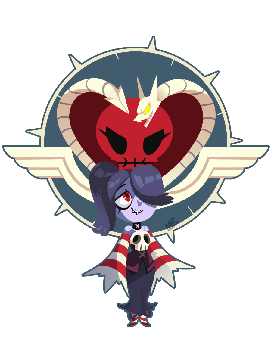 bare_shoulders blue_hair hair_over_one_eye heart leviathan_(skullgirls) logo looking_up megan_ann_boyd no_pupils ponytail red_eyes signature skullgirls smile squigly_(skullgirls) standing stitched_mouth stitches transparent_background yellow_eyes zombie